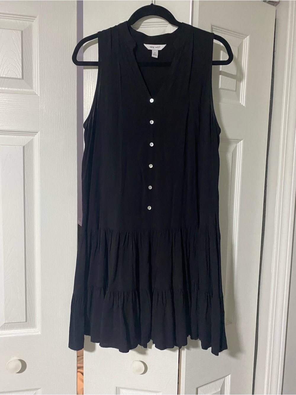 Nine West Black Sleeveless V-Neck Tiered Button Mini Dress